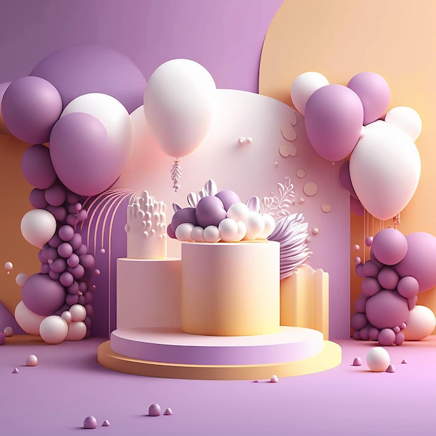 Uma ilustração 3D de um bolo com balões
