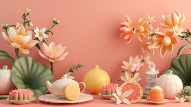 Uma ilustração 3D de um conjunto de elementos do meio do outono, incluindo pomelo, chá chinês, rochas de osmanthus, bolos de lua e flores de lótus