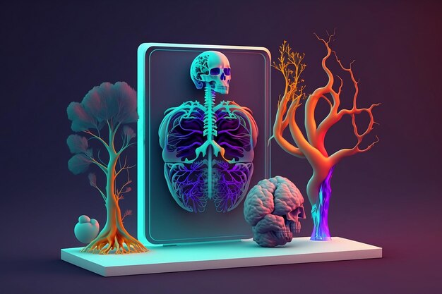 Foto uma ilustração 3d de um esqueleto com uma árvore e outras plantas.