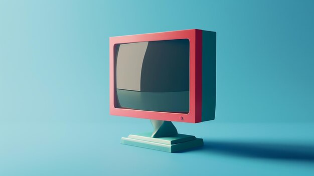 Uma ilustração 3D de um monitor de computador vintage com uma tela em branco O monitor é rosa e azul e está sentado em uma mesa azul