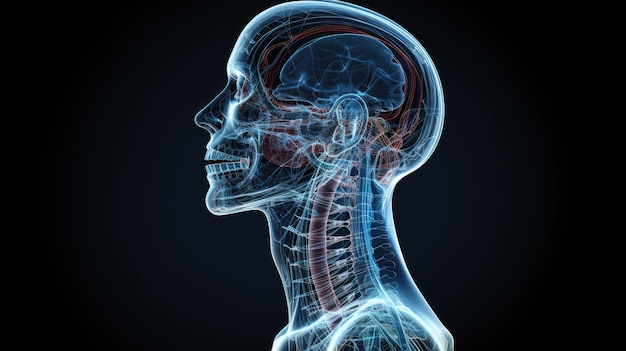Uma ilustração 3d de uma cabeça humana com os ossos rotulados com a mandíbula inferior.