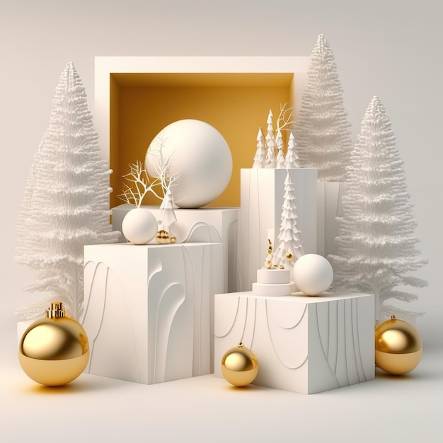 Uma ilustração 3d de uma caixa branca com decorações de natal.