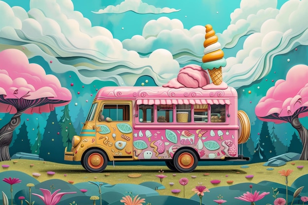 Uma ilustração 3D de uma carrinha de sorvete colorida alegre