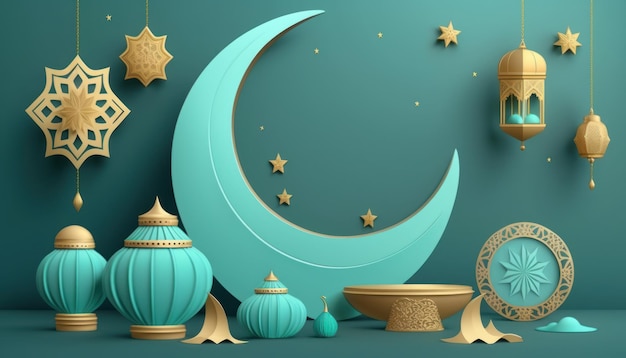 Uma ilustração 3D de uma exibição de produto com tema de festival islâmico de cor turquesa com uma lua crescente e decorações islâmicas