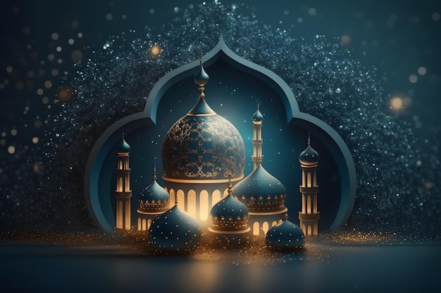 Uma ilustração 3d de uma mesquita com luzes e um céu estrelado.