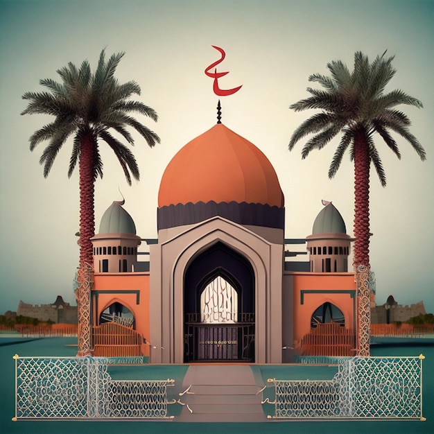 Uma ilustração 3D de uma mesquita com um portão no meio em muçulmano