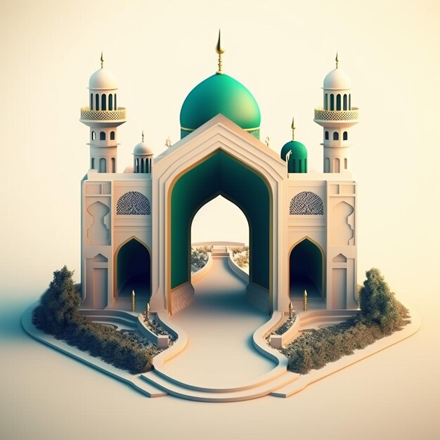 Uma ilustração 3D de uma mesquita com um projeto geométrico na fachada