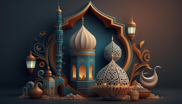 Uma ilustração 3d de uma mesquita e uma lanterna.
