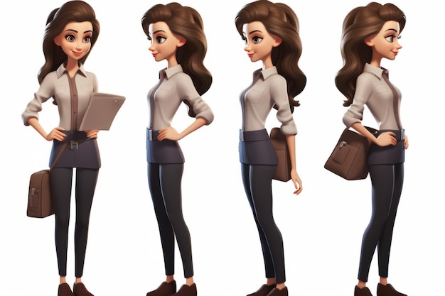Uma ilustração 3D de uma mulher de negócios em diferentes poses