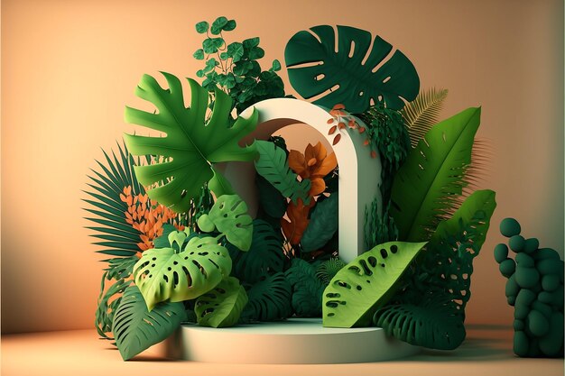 Uma ilustração 3D de uma planta com uma moldura redonda e uma folha de ouro
