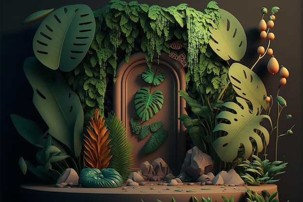 Uma ilustração 3D de uma planta com uma moldura redonda e uma folha de ouro