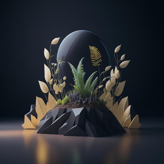 Uma ilustração 3d de uma planta e uma pedra com um grande ovo nele.