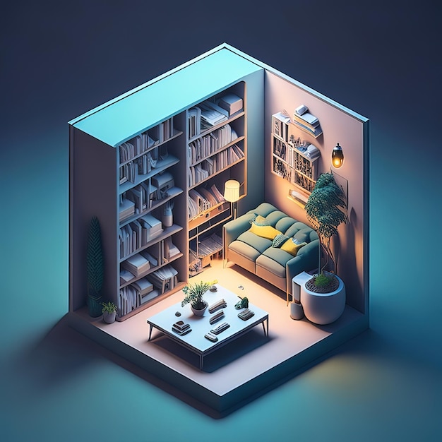 Uma ilustração 3d de uma sala de estar com um sofá e uma estante de livros.