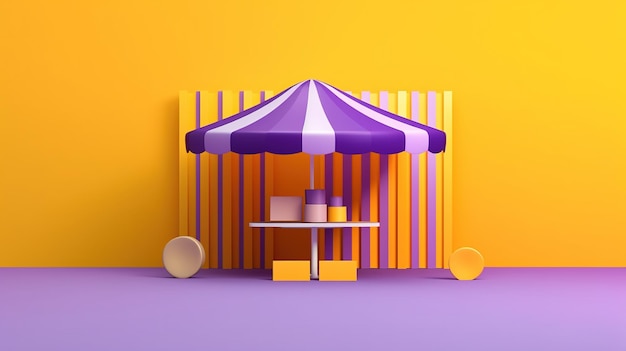 Uma ilustração 3D de uma tenda com uma mesa e caixas.