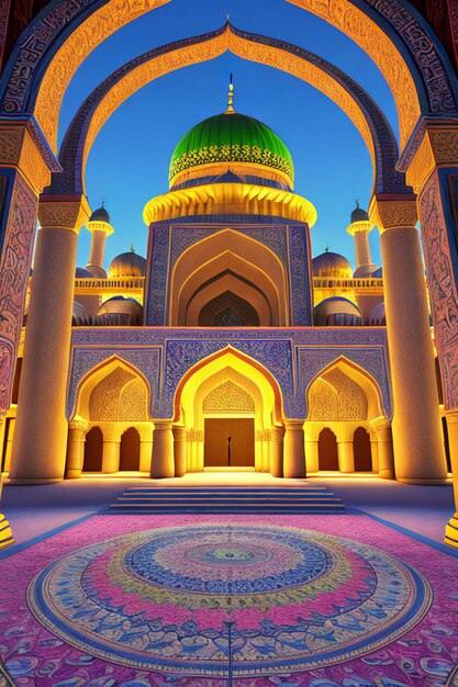 Foto uma ilustração 3d vibrante de uma mesquita majestosa com um grande portão no centro