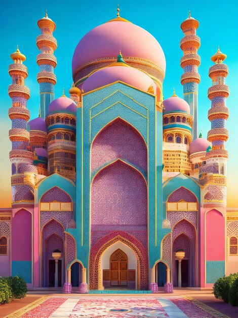 Foto uma ilustração 3d vibrante de uma mesquita majestosa com um grande portão no centro