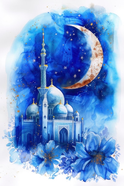 Uma ilustração a aquarela com uma mesquita da lua crescente, flores em flor e estrelas emanando uma atmosfera mágica
