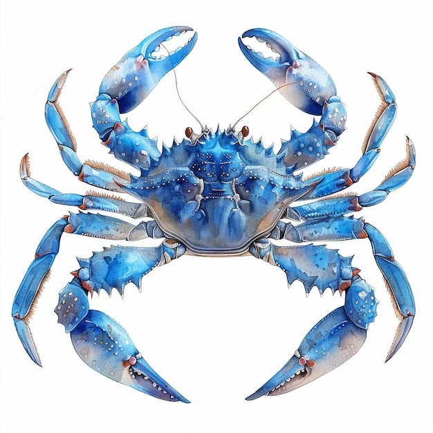 Uma ilustração a aquarela de um caranguejo azul em estilo marinho O fundo é branco