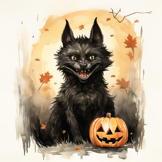Uma ilustração a aquarela do lobisomem de Halloween