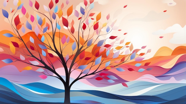 uma ilustração abstrata de uma árvore com folhas coloridas