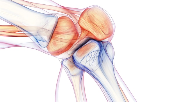 Foto uma ilustração anatômica detalhada de uma articulação do joelho humano mostrando músculos, tendões e ossos com t
