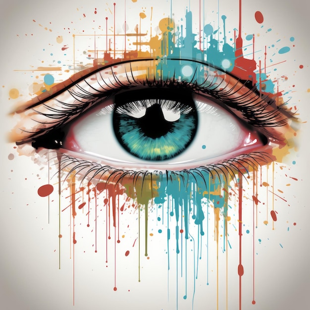 uma ilustração artística de um olho com respingos de tinta