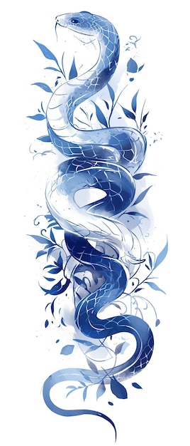 uma ilustração azul e branca de uma cobra com uma pena azul