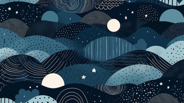 Uma ilustração azul e branca de uma paisagem montanhosa com uma lua e estrelas.