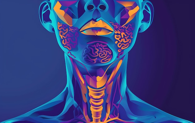 uma ilustração azul e roxa de um rosto humano com o cérebro rotulado