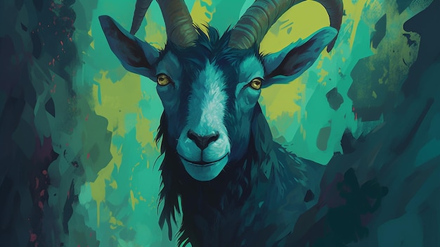 Uma ilustração azul e verde de uma cabra
