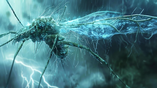 Foto uma ilustração biopunk de um mosquito o mosquito está coberto por uma teia de veias azuis brilhantes e seus olhos são de um vermelho penetrante profundo