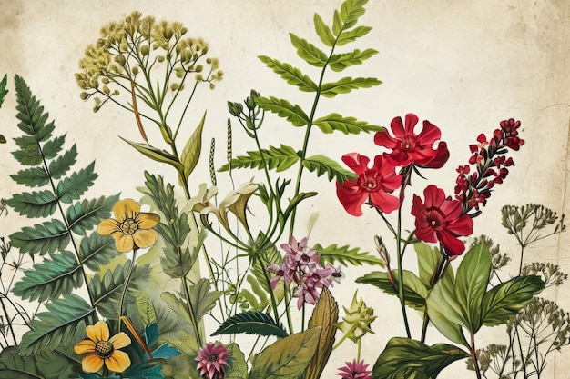 Foto uma ilustração botânica vintage com diferentes tipos de espécies de plantas geradas pela ia