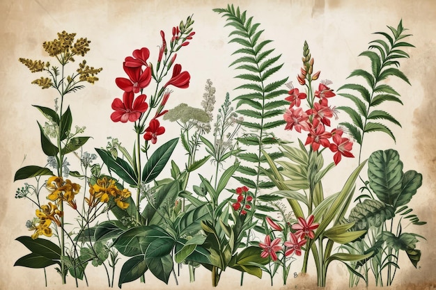 Uma ilustração botânica vintage com diferentes tipos de espécies de plantas geradas pela IA