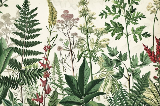Uma ilustração botânica vintage com diferentes tipos de espécies de plantas geradas pela IA