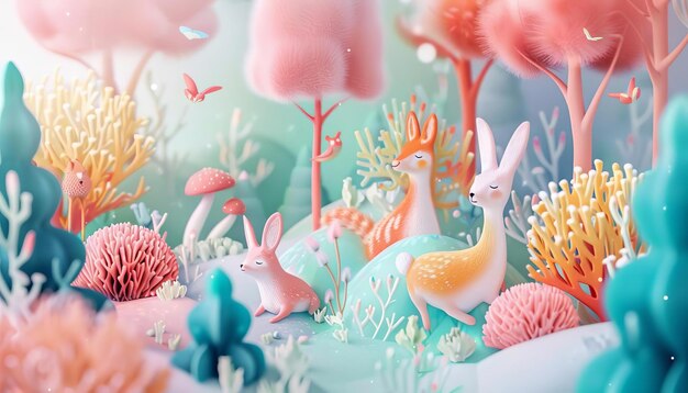 Uma ilustração caprichosa de animais de cores pastel brincando em uma floresta mágica de sonho