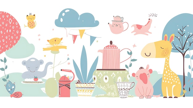 Uma ilustração caprichosa de um elefante girafa e outros animais fazendo uma festa de chá em uma floresta