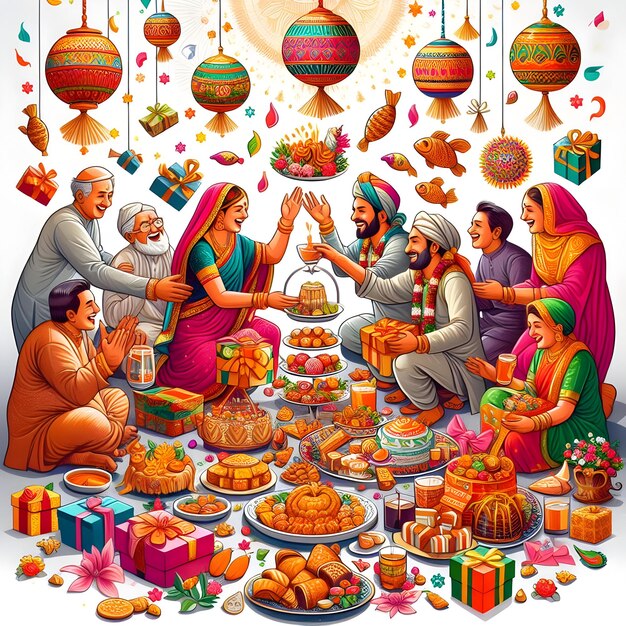 Uma ilustração captura as celebrações alegres do Ano Novo Vishu enquanto as pessoas trocam presentes e