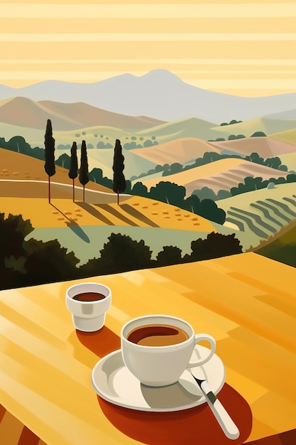 Foto uma ilustração colorida da paisagem italiana com uma xícara de café