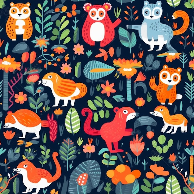 Uma ilustração colorida de animais na selva.