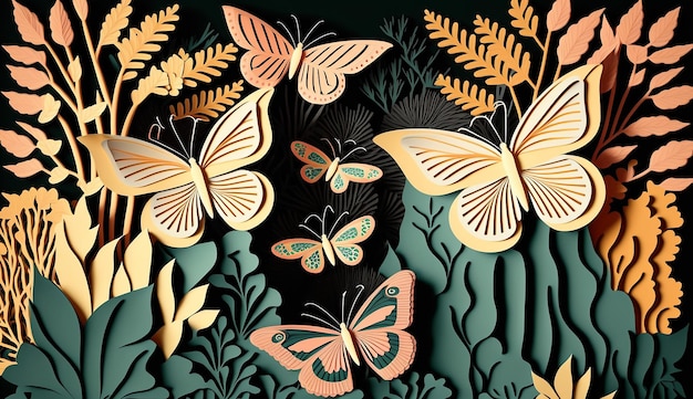 Uma ilustração colorida de borboletas em um jardim com folhas e flores.