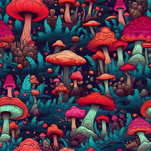 Uma ilustração colorida de cogumelos em uma floresta