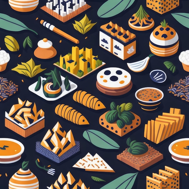 Uma ilustração colorida de comida, incluindo uma variedade de alimentos, incluindo um sanduíche