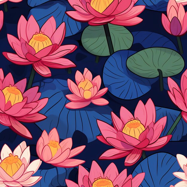 uma ilustração colorida de flores de lótus rosa com folhas amarelas e folhas vermelhas