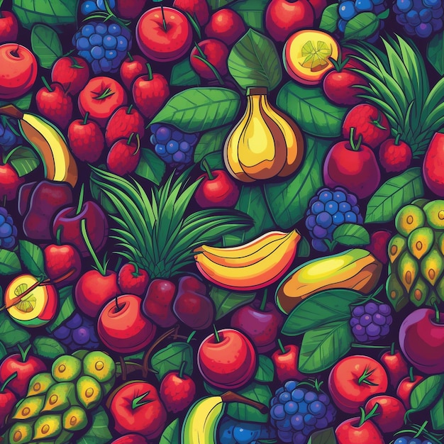 Uma ilustração colorida de frutas e bagas.