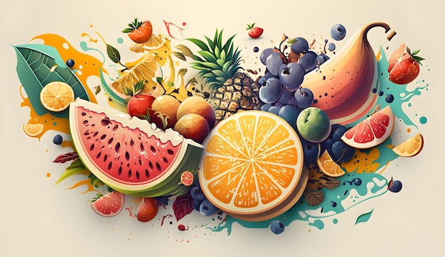 Uma ilustração colorida de frutas e bagas.