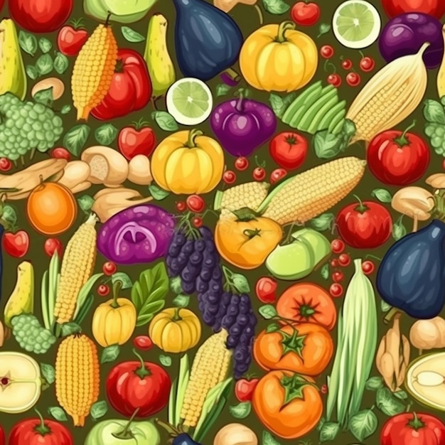 Uma ilustração colorida de frutas e legumes.