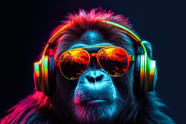 Uma ilustração colorida de Gorilla DJ usando fones de ouvido elegantes perfeitos para um design de camiseta divertido e criativo gerado por Ai