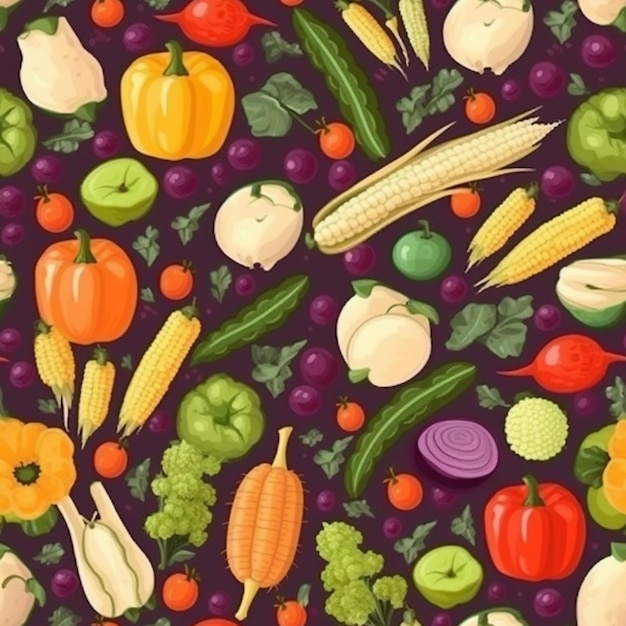 Uma ilustração colorida de legumes em um fundo roxo.