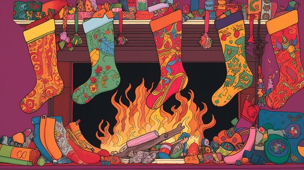 Uma ilustração colorida de meias penduradas sobre uma fogueira com um incêndio ao fundo.