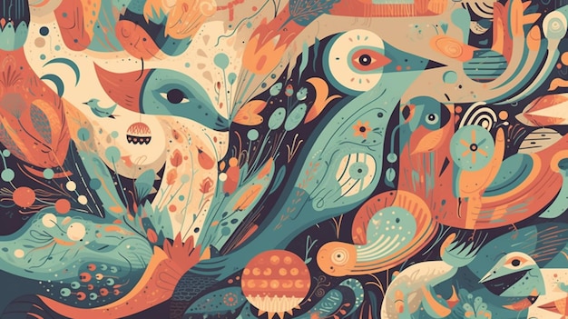 Uma ilustração colorida de pássaros e peixes.